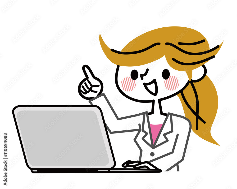 白衣　女性　PC　指差し