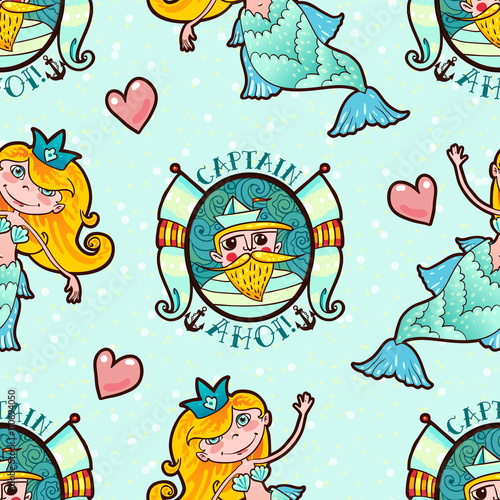Mermaid and Seaman seamless pattern. Kawaii Maritime princess. 