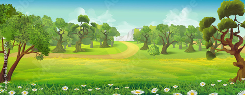 Meadow and forest nature landscape, vector background