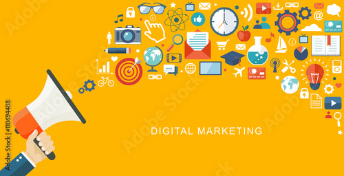 Digital marketiing flat illustartion. Hand with speaker and icon
