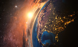 3D rendering of detailed colorful Earth, 
highly detailed planet earth in the evening
sunset over USA
