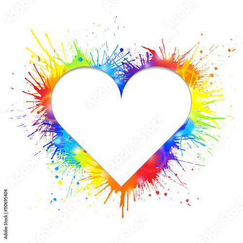 Heart shaped white cutout for text in rainbow paint splashes background.  Vector illustration.
