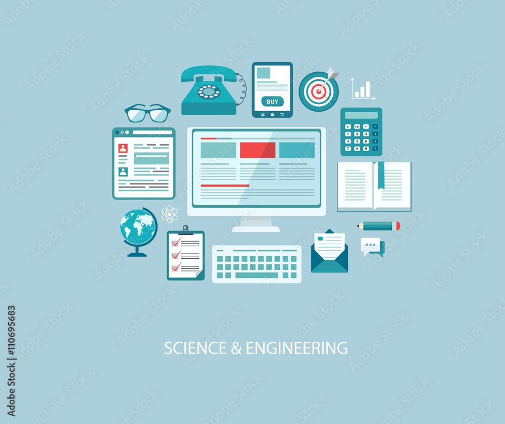 Flat design illustration with icons and text. Computer engineeri Flat design illustration with icons and text. Computer engineeri