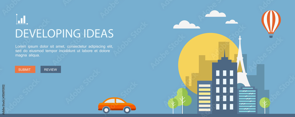 Flat design illustration with icons and text. Developing ideas