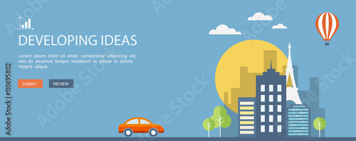 Flat design illustration with icons and text. Developing ideas