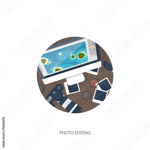 Photographer equipment on a table. Photography tools, photo editing, photoshooting flat background.  Digital photocamera with lens. Vector illustration. Wood. Wooden.