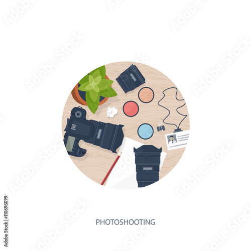 Photographer equipment on a table. Photography tools, photo editing, photoshooting flat background.  Digital photocamera with lens. Vector illustration. Wood. Wooden.