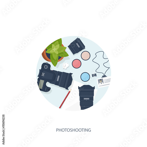 Photographer equipment on a table. Photography tools, photo editing, photoshooting flat background.  Digital photocamera with lens. Vector illustration.