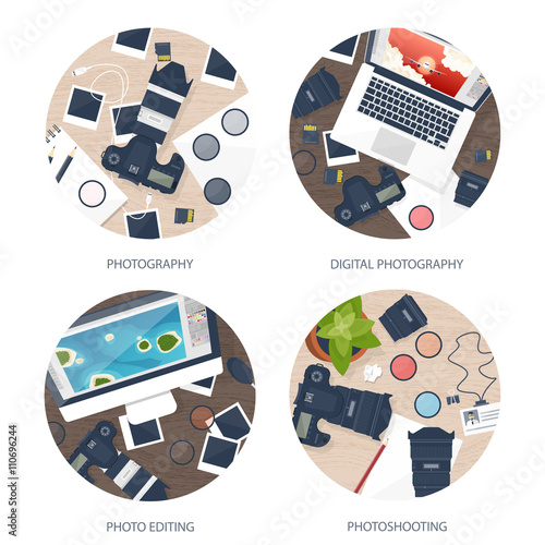 Photographer equipment on a table. Photography tools, photo editing, photoshooting flat background.  Digital photocamera with lens. Vector illustration. Wood. Wooden.