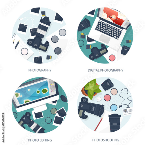 Photographer equipment on a table. Photography tools, photo editing, photoshooting flat background.  Digital photocamera with lens. Vector illustration.