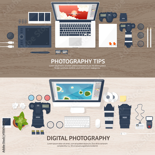 Photographer equipment on a table. Photography tools, photo editing, photoshooting flat background.  Digital photocamera with lens. Vector illustration. Wood. Wooden.
