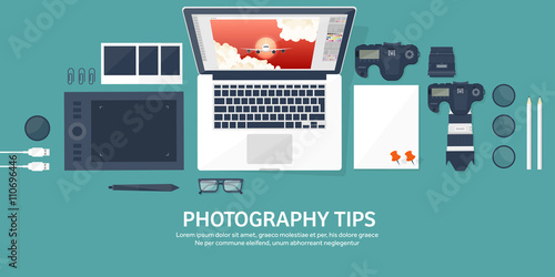 Photographer equipment on a table. Photography tools, photo editing, photoshooting flat background.  Digital photocamera with lens. Vector illustration.