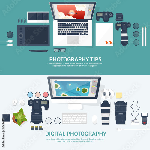 Photographer equipment on a table. Photography tools, photo editing, photoshooting flat background.  Digital photocamera with lens. Vector illustration.