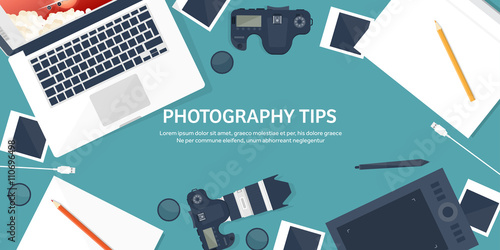 Photographer equipment on a table. Photography tools, photo editing, photoshooting flat background.  Digital photocamera with lens. Vector illustration.