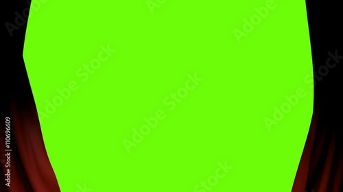 A red theater curtain being pulled back revealing a green screen background.