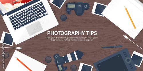 Photographer equipment on a table. Photography tools, photo editing, photoshooting flat background.  Digital photocamera with lens. Vector illustration. Wood. Wooden.