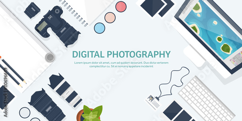 Photographer equipment on a table. Photography tools, photo editing, photoshooting flat background.  Digital photocamera with lens. Vector illustration.
