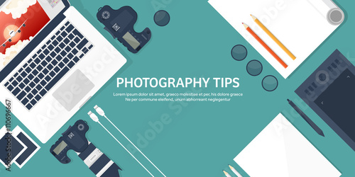 Photographer equipment on a table. Photography tools, photo editing, photoshooting flat background.  Digital photocamera with lens. Vector illustration.