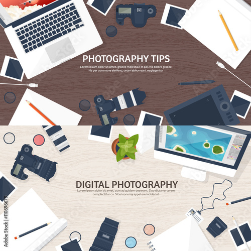 Photographer equipment on a table. Photography tools, photo editing, photoshooting flat background.  Digital photocamera with lens. Vector illustration. Wood. Wooden.