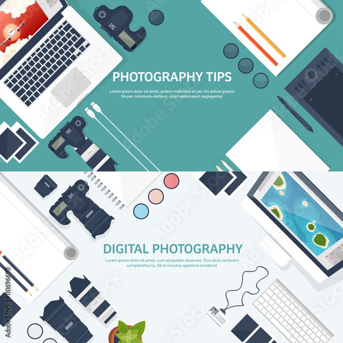 Photographer equipment on a table. Photography tools, photo editing, photoshooting flat background.  Digital photocamera with lens. Vector illustration.