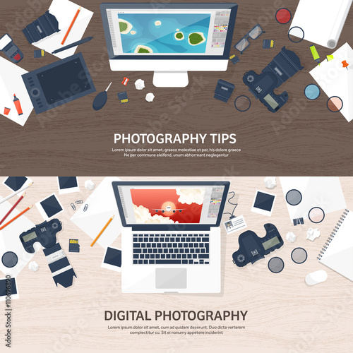 Photographer equipment on a table. Photography tools, photo editing, photoshooting flat background.  Digital photocamera with lens. Vector illustration. Wood. Wooden.