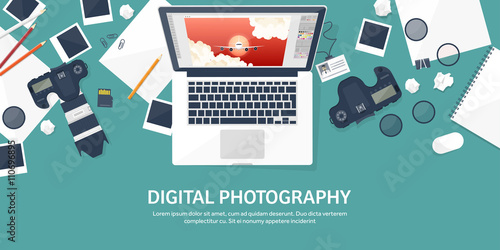 Photographer equipment on a table. Photography tools, photo editing, photoshooting flat background.  Digital photocamera with lens. Vector illustration.