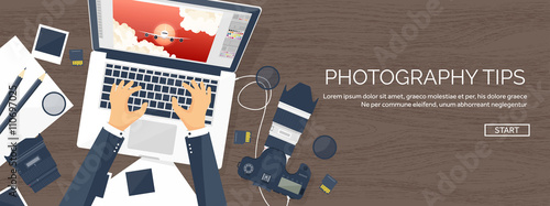 Photographer equipment on a table. Photography tools, photo editing, photoshooting flat background.  Digital photocamera with lens. Vector illustration. Wood. Wooden.