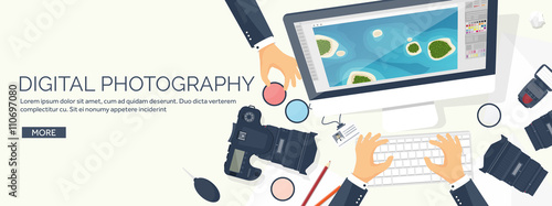 Photographer equipment on a table. Photography tools, photo editing, photoshooting flat background.  Digital photocamera with lens. Vector illustration.