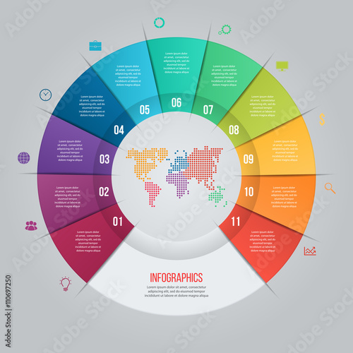 Vector pie chart template for graphs, charts, diagrams. Business circle infographic concept with 11 options, parts, steps, processes with world map inside.