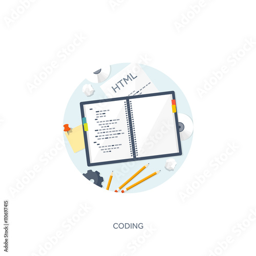  Programming,coding. Flat computing background. Code, hardware,software. Web development. Search engine optimization. Innovation,technologies. Mobile app. Vector illustration. SEO.