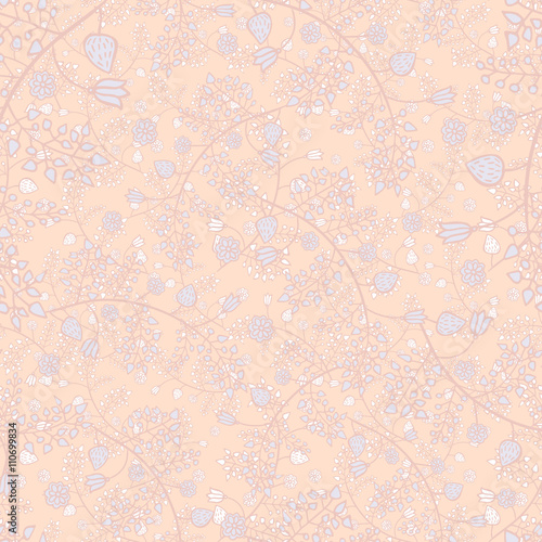 Vector seamless floral texture with hand drawn branches, folliage and flowers