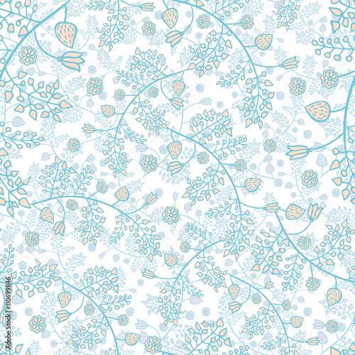 Vector seamless floral texture with hand drawn branches, folliage and flowers