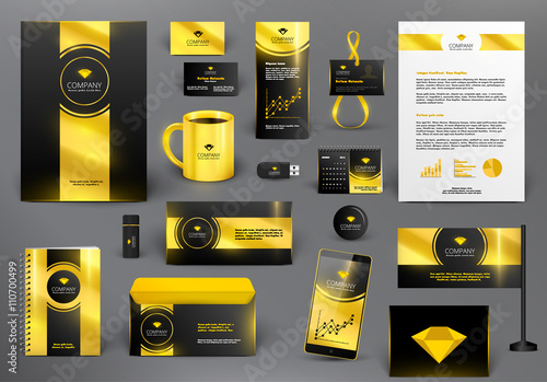 Professional  luxury branding design kit for jewelry shop. Golden style. Premium corporate identity template. Business stationery mock-up with logo.