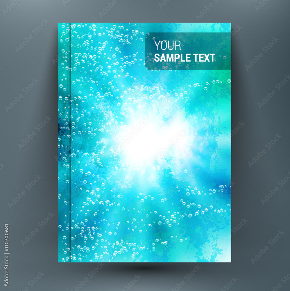 custom made wallpaper toronto digitalAbstract mockup composition with blebs on aqua backdrop. Deep research under water, air bead in ocean, oxygen bubbles, light ray in sea. Astral journey. A4 brochure title sheet. First start page.