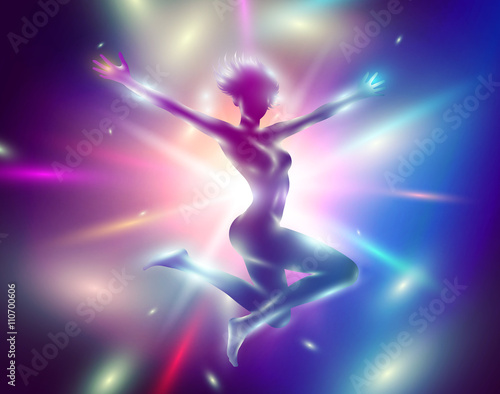 Abstract mock up composition of colorful silhouette of slim girl jumping with hands up. 