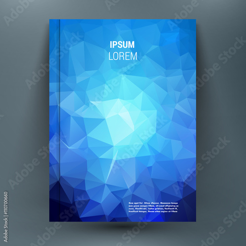 Abstract mock-up composition with polygonal backdrop with geometric figures on blue texture. A4 brochure title sheet. First start page of the book. Editable vector illustration.