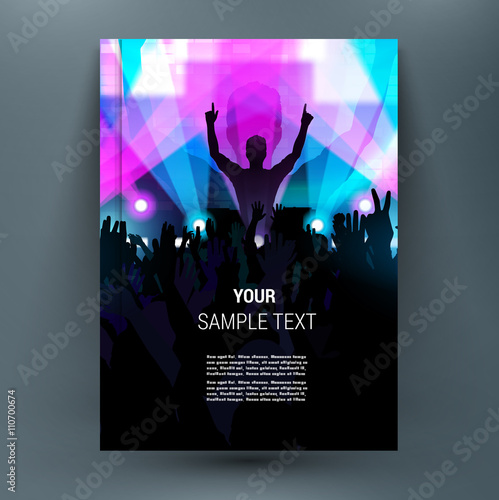 Wallpaper Mural Midnight music festival with silhouettes of happy dancing youth people crowd on stage with raised up hands. Rays of spotlight. Summer open air. A4 brochure title sheet. First start page of book. Torontodigital.ca