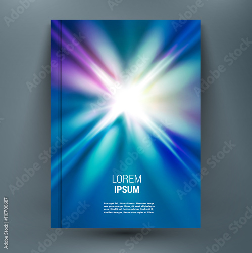 Abstract mock-up composition with spark on glory deep blue space backdrop. Light rays of distant galaxies in universe. Speed of light. Astral journey. Supernova star. A4 brochure title sheet.