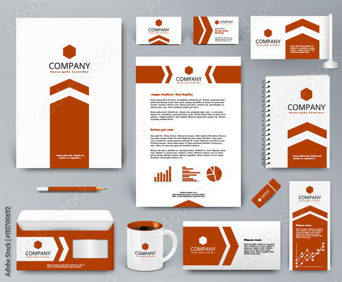Professional universal branding design kit with orange arrow on white backdrop for real estate. Corporate identity template. Business stationery mockup. Editable vector illustration: folder, mug, etc.