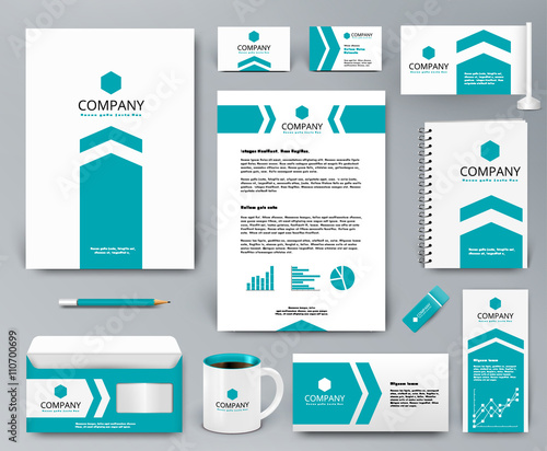 Professional universal branding design kit with blue arrow on white for real estate/investment. Corporate identity template. Business stationery mockup. Editable vector illustration: folder, mug, etc.