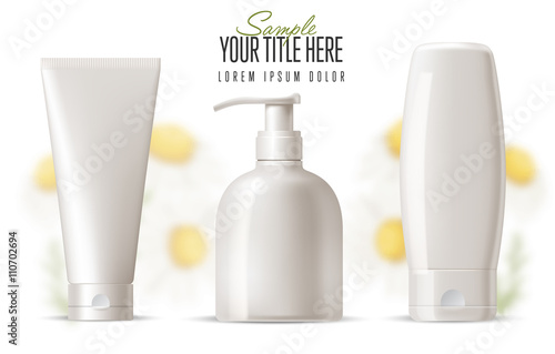 Cosmetic brand template.  Vector packaging. Body care products with a camomile on a background. Oil, lotion or soap, shampoo, cream. Realistic bottle mock up set. Isolated pack on white background.