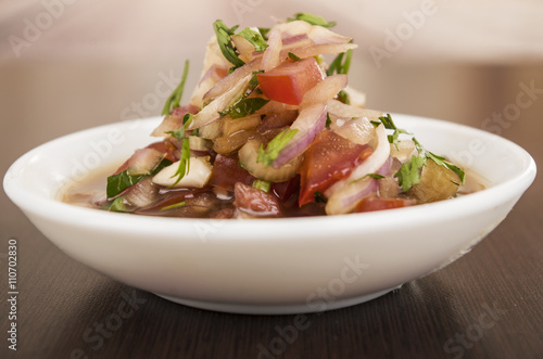 Traditional bowl of ecuadorian encebolladas, very nice presentation, restaurant catering concept