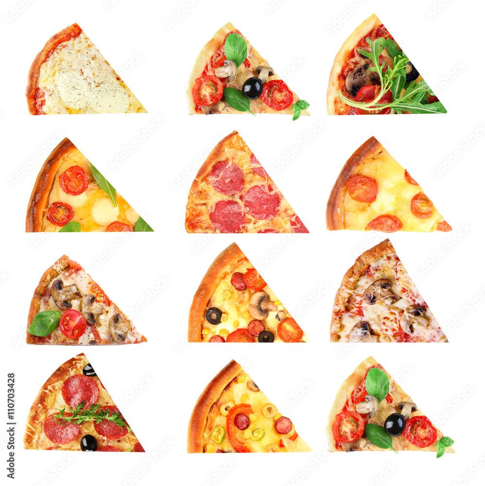 Different slices of pizza isolated on white Different slices of pizza isolated on white