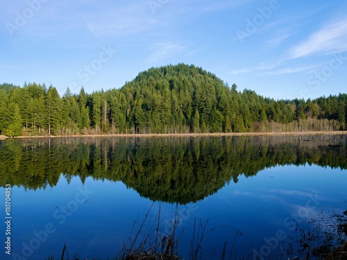 Fototapeta Naklejka Na Ścianę i Meble -  Green Hills Reflection in Calm Water. Northeast Coquitlam, British Columbia, alongside Pitt-Addington Marsh and the Pitt River. Canada. 