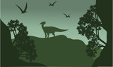 Silhouatte of parasaurolophus and pterodactyl