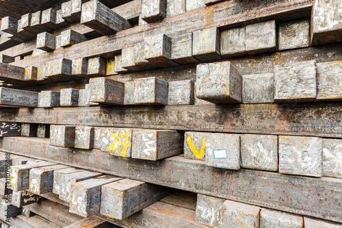 Stack of steel billet products in the steel plant