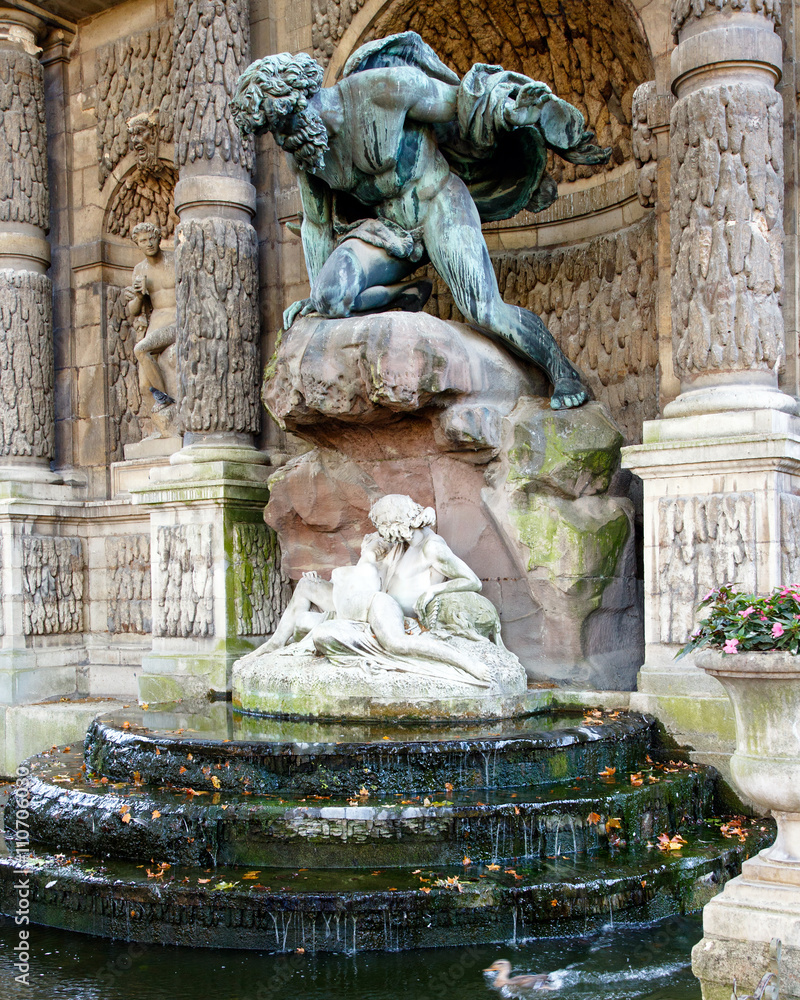 Color DSLR stock image of the Medicis Fountain in Luxembourg Gardens, Paris, France, erected in 1861. The Left Bank, Latin Quarter landmark is popular with tourists and locals. Vertical.
