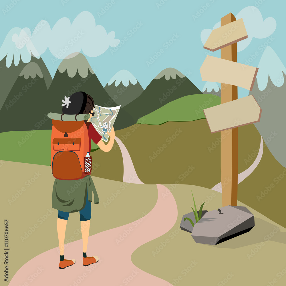 hiker with backpack on mountain trail cheks map - obrazy, fototapety, plakaty 
