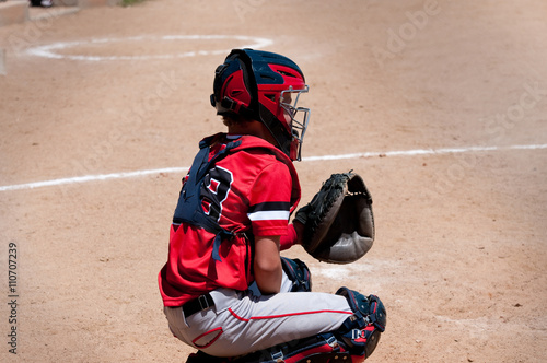 Youth baseball catcher behind home plate.