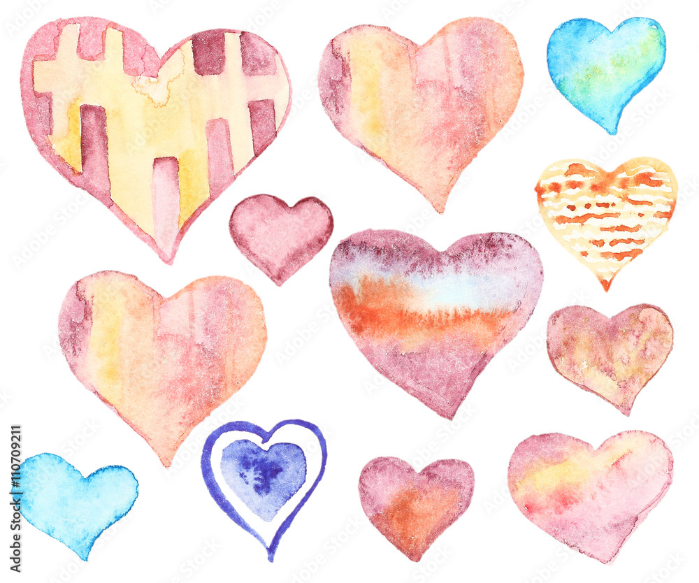 Watercolor hand painted hearts